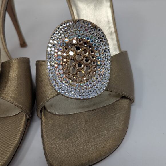 Stuart Weitzman Slip On Rhinestone Trimmed Heel Sandals Gold Size 8 - Picture 11 of 12